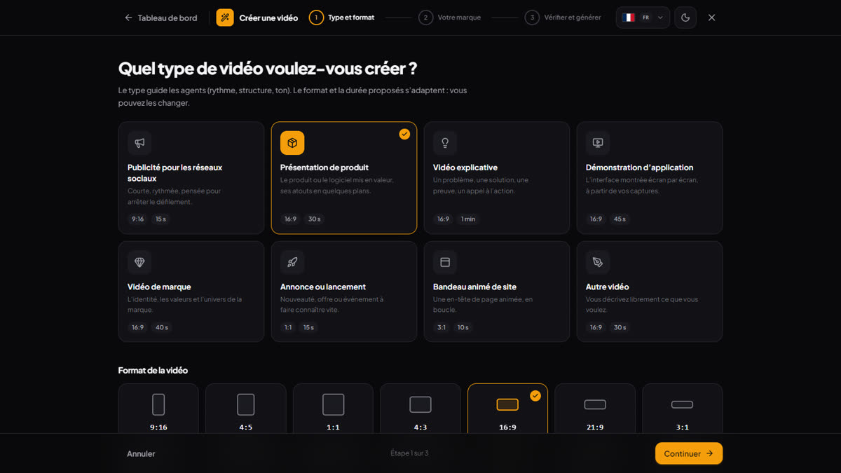 L’écran « Type et format » de l’assistant de Veotion : huit types de vidéo, sept formats