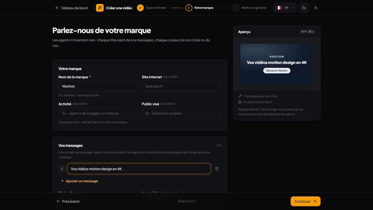 L’écran « Votre marque » : le nom et le message tapés, l’aperçu qui se met à jour